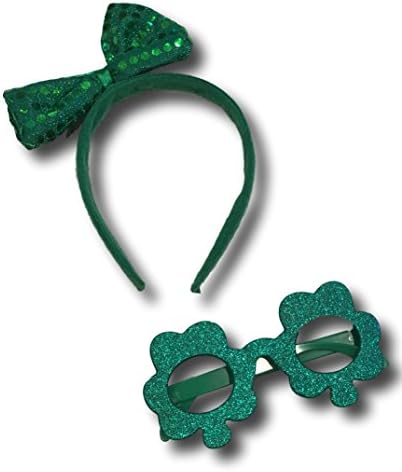 St. Patricks Day Irish Festive Green Headband & Glittery Glasses Bundle (Glitter Bow Headband & Glitter Glasses)