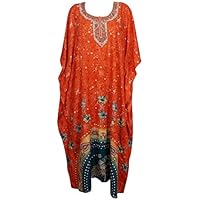 Women Caftan Dress Cover Up Orange Floral Printed Kimono Kaftan One Size