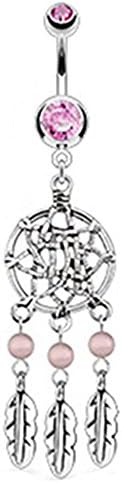 Azzire 316L Surgical Steel Cubic Zirconia Pink Dream Catcher Net with Bead Based Feathers Fancy Navel Bar