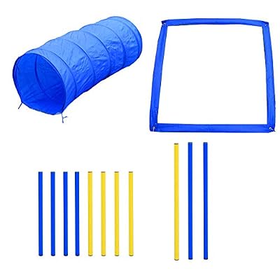 Pawhut Agility Sport pour Chiens équipement Complet Obstacle, Tunnel, Slalom, Zone Repos + Sac de Transport Bleu Jaune
