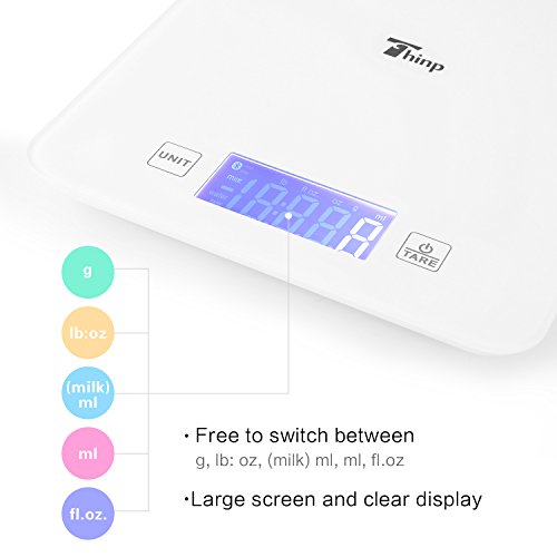 Thinp digitale Küchenwaage, elektronische Waage mit Bluetooth für Vermessung von Gewicht, Energie, Protein, Lipid, Kohlenhydrate, Faser, Cholesterin, Vit B6 und Kalzium,bis zu 5KG, hergestellt aus gehärtetem Glas,Garantiezeit von 2 Jahr - 3