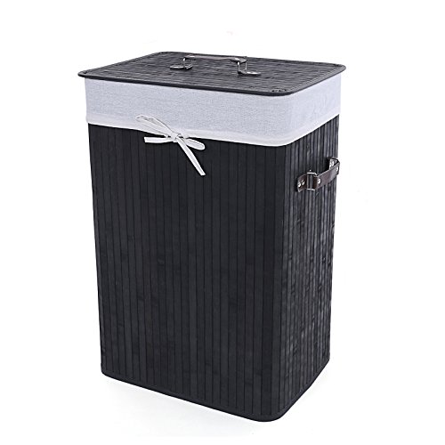 Songmics 3 Griffe Faltbar Bambus Wäschekörbe Wäschebox Wäschetruhe Wäschesammler Wäschetonne Wäschewagen Schwarz Eckig LCB10H - 7