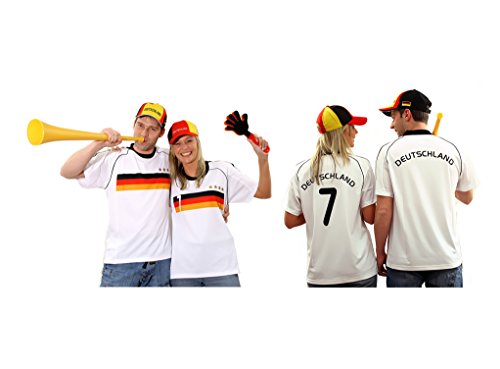 Trikot Deutschland für Erwachsene , weisses Shirt mit Streifen in Deutschlandfarben schwarz-rot-gold im Brustbereich, mit 4 Sternen; bei den Damen Zahl und Aufschrift Deutschland auf der Rückseite, bei den Herren die Aufschrift Gr. L