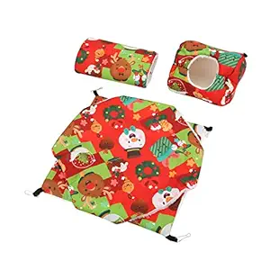 Hamster Hammock, Warm Natural Cloth Bite Resistance Guinea Pig Cage Hammock Set Cute Cartoon Pattern with Metal Hook for Ferret for Small Cat for Rat(red)