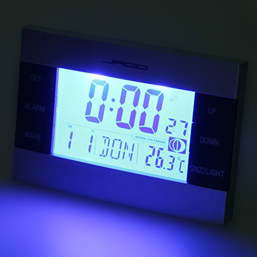 Jago Funkwecker mit Mondkalender und Temperaturanzeige mit LCD-Display in 7 verschiedenen Sprachen inkl. Snooze-Funktion und Datums- Wochentaganzeige - 7