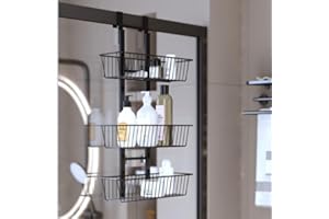 JiangLin Mensola doccia da appendere, colore nero, 0 fili, per porte della doccia in vetro, porta del bagno, mensola doccia da appendere con 3 cestelli doccia regolabili per conservare shampoo e gel