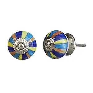 2 Pieces Cabinet Knobs | Ceramic Wardrobe Pulls | Yellow Dresser Handle | Rangoli Door Knobs for Kids Room | 3.81 cm Knobs