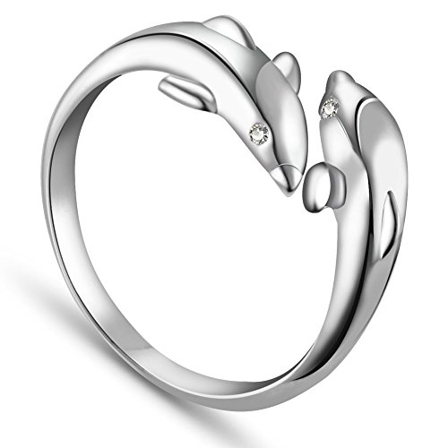 SHEGRACE Anillos Mujer Delfin Anillo Ajustable de Plata de Ley 925,16mm