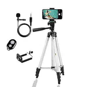 theprintingzone Tripod 3110 Stand for Phone and Camera Adjustable Aluminium Alloy Tripod Stand Holder for Photo/Video Shoot (Silver), Shutter Button and a Aluminum mic