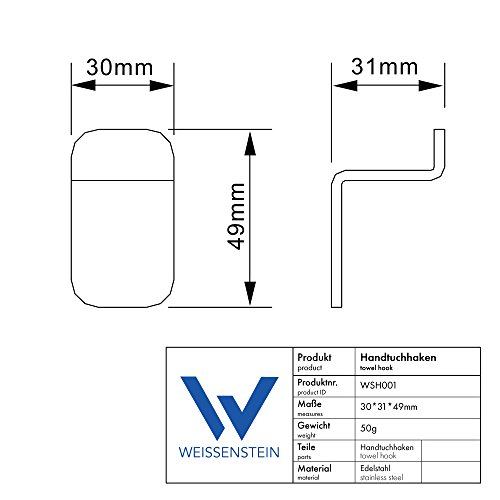 WEISSENSTEIN 1er Handtuchhaken | Wandhaken | Haken selbstklebend | Handtuchhalter | OHNE BOHREN | Edelstahl matt (1er Haken 3 Stück) - 5