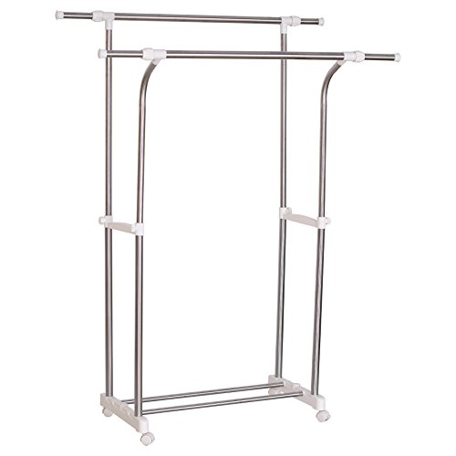 WOLTU SR0001 Kleiderständer Garderobenständer , 165x43x161cm , Teleskop Wäscheständer auf Rollen , mit 2 Stangen , ausziehbar , Creme Weiss