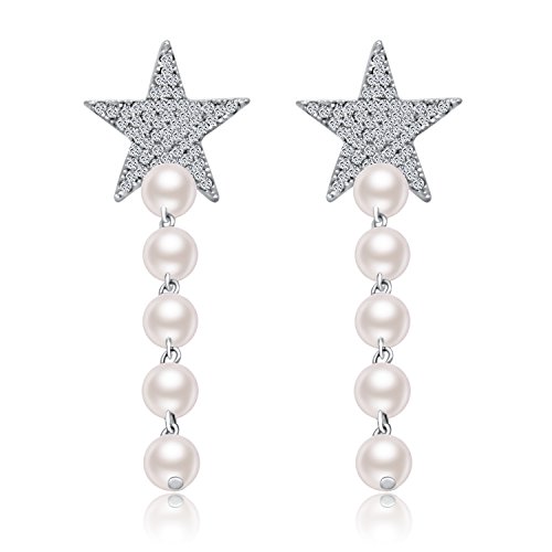 Boucles d'oreilles en forme d'étoiles avec pendants ornés de perles par Twinmond pour femmes en argent sterling, perles et strass