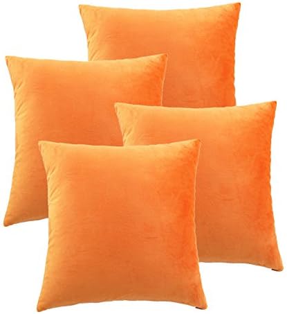 Inroy Cushion Covers Soft Faux Velvet Pillow Case Square Pillow Cover 18 x 18 Inch Set of 4 (45cm_X_45cm, Orange)
