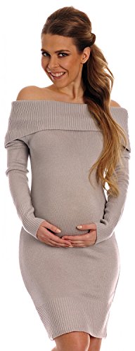 Happy Mama Women's Maternity Stretchy Knit Bardot Dress Long Sleeves. 909p (Grey, 10/14)