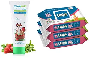 Mamaearth 100% Natural Berry Blast Kids Toothpaste 50 Gm, Fluoride Free, SLS Free, No Artificial Fla and Littles Soft Cleansing Baby Wipes Lid, 80 Wipes (Pack of 3)