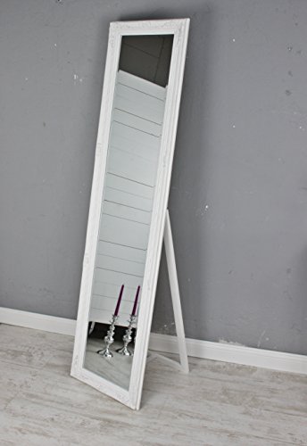 elbmöbel Standspiegel 180 x 45cm groß in weiß antik mit Patina | Spiegel mit Fuß barock aus Holz | im Landhausstil als Badspiegel | Schminkspiegel bzw. Frisierspiegel für das Landhaus | Ankleidespiegel in weiss