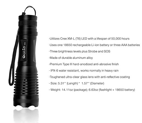 OxyLED MD50 CREE 500LM LED Taschenlampe mit Li-ion Akku, EU Netzteil Akkuladegerät und Batteriehalter, Zoombar, 3 Helligkeitsstufen Portabel für Outdoor Camping, Schwarz - 3