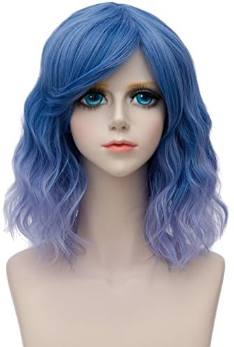 Priomix 35cm Short Curly New Style Colorful Wig With Bangs Daily Basic Christmas Party Dress Up Breathable Net Wig Cosplay Anime Carnival Use (Foggy Blue Ombre)