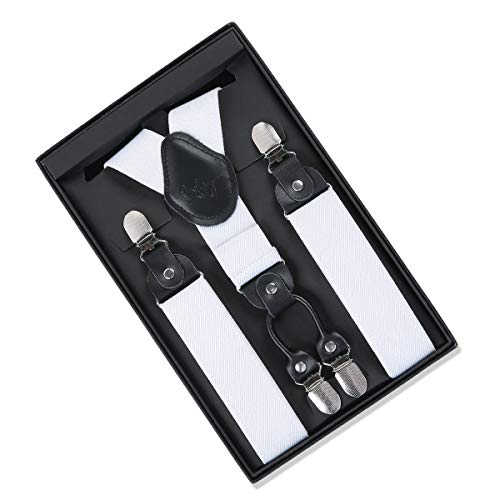 Lafayon Tirantes Hombres Tirantes para hombres 4 hebillas Y espalda de rayas Tirantes ajustables elásticos durables Strong Clips (Blanco)