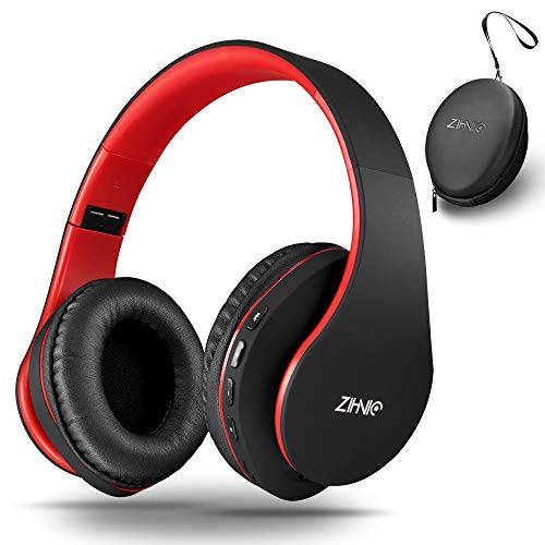 Zihnic Bluetooth Over-Ear Headset with Deep Bass, Foldable Wireless and Wired Stereo Headphones Buit in Mic for Cell Phone, PC,TV, PC,Soft Earmuffs &Light Weight for Prolonged Wearing (Black/red)