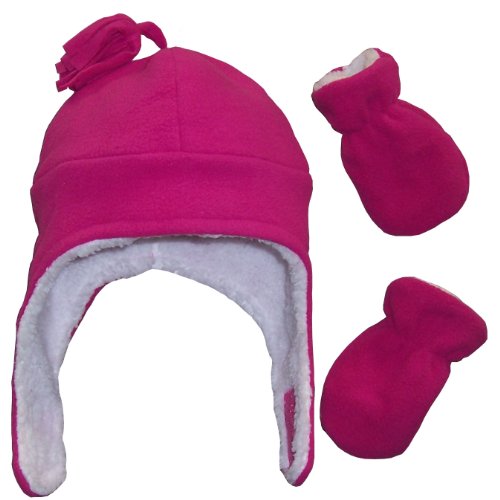 N'Ice Caps Girls Soft Sherpa Lined Micro Fleece Pilot Hat and Mitten Set (6-18mos, Infant - Fuchsia)