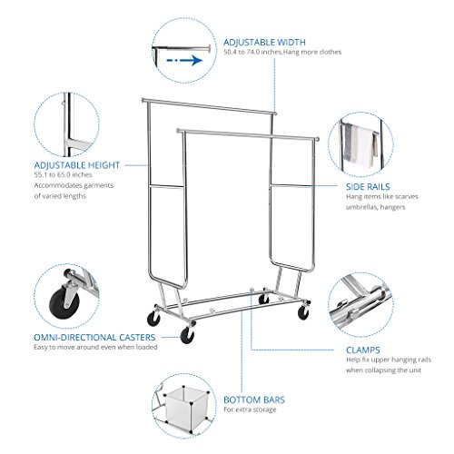 LANGRIA Zusammenklappbar Kleiderständer Rollbar Garderobenständer mit 2 Verstellbare Kleidertange, 4 Omnidirektionalen Rädern, Halten bis 250 lbs (55,1 bis 65,0 “ H x 50,4-74,0 “ W x 21.7 “ D), Chrom-Finish - 9