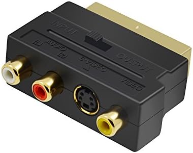 IIEasy Golden Plated Scart Adaptor-3 Phono / RCA Sockets (Audio Video) +S-VHD IN / OUT Composite AV to Scart Male Switchable Converter Connectors-Black