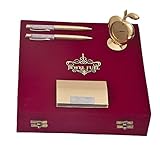 JEWEL FUEL 2 German Silver Gold Plated Ball Pen, Gold Plated Apple Table Clock, Gold Plated Visiting Card Holder Gift Set