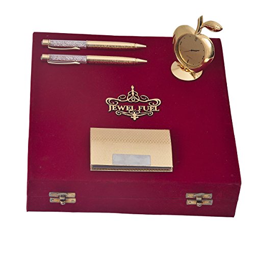 JEWEL FUEL 2 German Silver Gold Plated Ball Pen, Gold Plated Apple Table Clock, Gold Plated Visiting Card Holder Gift Set