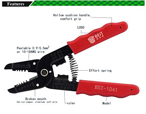 DIY Crafts Electrician Hand Tool Red Handle High Quty Multifunction Wire Stripper Components Clamp Wire Stripper Electronic Plier 0.9-5.5mm2/10-18AWG Best BST-1041 Repair Watch