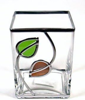 Stunning Opposing Green And Brown Leaves Design On A Square Vase, 14cm. Handcrafted in the Style of Charles Rennie Mackintosh.