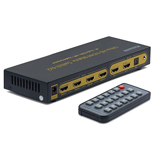 Leicke KanaaN 4K UltraHD HDMI 6×2 Matrix Switch | Fernbedienung | 5.1 Surround SPDIF optisch + Stereo 3.5mm Klinke Audioausgang | ARC und PIP | FullHD, UHD, 4K, 4K*2K kompatibel | HDMI 1.4 Standard - 4