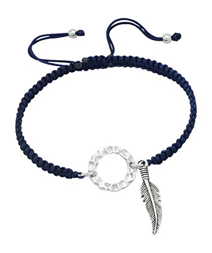 AG2AUSterling Silver Hammered Ring and Feather Macrame Bracelet - Adjustable