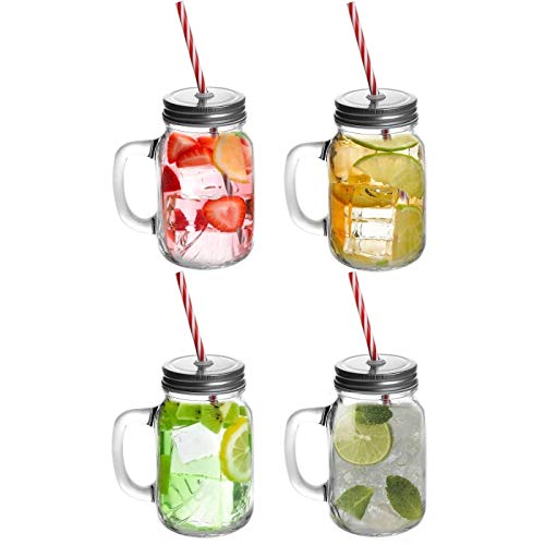 Set of 4 Mason Glass Drinking Jars with Lid & Handle