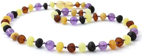 Raw Baltic Amber Necklace mixed with Amethyst Gemstone Beads - Size 32 cm - TipTopEco - Raw Multicolor Baroque Amber Beads (32 cm)
