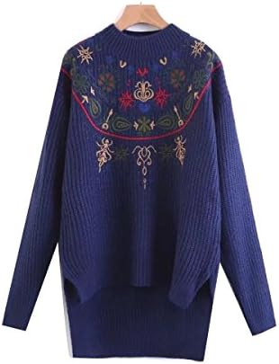 CHLXI Women's Knitwear With Retro Embroidered Irregular Broken Swing Knit Sweater,Blue-OneSize