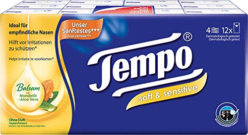 Tempo Taschentücher Plus, 4-lagige Papiertücher in bewährter Tempo Qualität mit Aloe Vera und Mandelöl, 12 x 9 Tücher (108 Tücher)