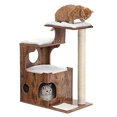 FEANDREA Arbre à Chat, Hauteur 88 cm, 3 Plate-Formes et 1 Grotte, Panneau MDF avec placage de Bois, Poteau en sisal, Imitation Fourrure Lavable, Style Vintage, Brun Rustique et Blanc PCT70HW