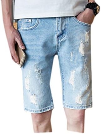 Doufine Men Fashion Slim Fitted Short Pants Leisure Ripped Holes Simple Shorts Jeans Blue M