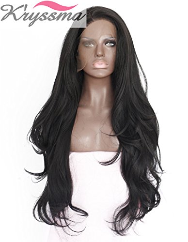 K'ryssma Natural Looking Long Wavy Synthetic Hair Lace Front Wigs For Women Heat Resistant Fiber #1B 24 Inches