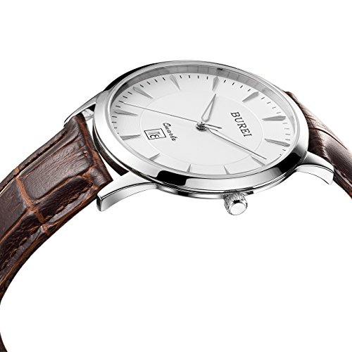 BUREI Herren Saphirglas Objektiv Datum Kalender Quarz-Armbanduhr Armbanduhr mit Braun Leder Armband