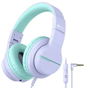 iClever Kids Headphones with Mic, Over Ear Headphones for Girls, Wired Children Headset for Tablets/Online Class, Safe Volume Limit, Sharing Function Foldable, Purple