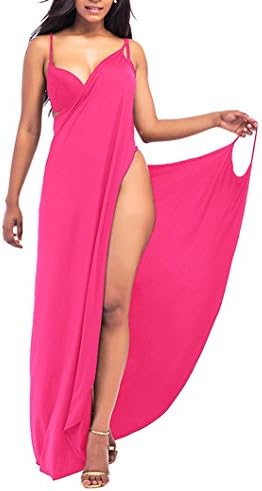 Hemkry Women Plus Size Swimsuit Cover Up Beach Spaghetti Strap Long Dress Rose Red 3XL