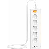 Akım Korumalı 5&rsquo;li K&ouml;şe &Ccedil;oklu Priz, 2 USB-A + 2 USB-C, Dokunmatik Ayarlanabilir Gece Lambalı, 2 Metre Kablolu, 3680W 16A, Duv