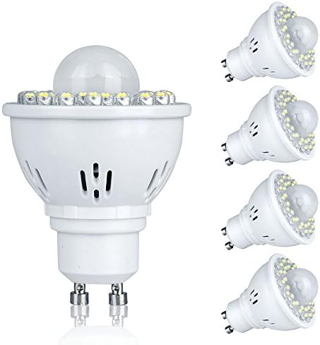 Pack of 4 GU10 2W PIR Motion Sensor LED Bulbs Spot Lights Day White 6000K 170Lm 120Beam Angle 32LEDs Aluminum Shell 20w Halogen Bulb Equivalent Energy Saving Cabinet Lighting Downlight Ceiling Light