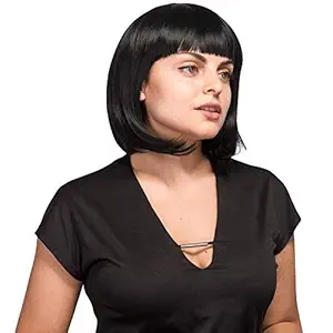 Foreign Holics 13 Inches Straight Heat Resistant Short Bob Hair Wigs with Flat Bangs Full Head for Women Cosplay Daily Party - Black