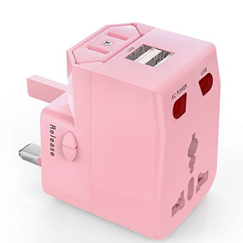 MoKo Universal Reiseadapter - All-in-One US / EU / UK / AU Reisestecker AC Power Wall Charger Konverter Stecker Adapter mit 2 USB Ports 2.1A für Smartphone, iPhone, iPad, MP3 Player, Rosa