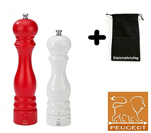 Peugeot Paris Set Pfeffermühle + Salzmühle rot matt / weiß lackiert uselect 27 + 22 cm + Stoffbeutel