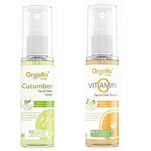 Orgello herbal Cucumber Toner Mist Spray for Face (100 ml ) + Vitamin C Facial Skin Toner (100 ml ) - Pack Of 2 - for men women girls boys normal oily dry skin sls paraben mineral oil free