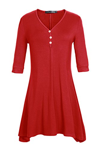 Urban GoCo Donna Casual Mezze Maniche Tunica Maglietta Tops Orlo a Svasato con Bottoni Mini Vestito Rosso L